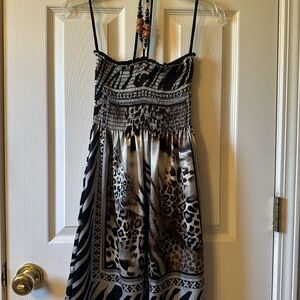 Strapless Animal-Print Midi Dress in Black and Brown